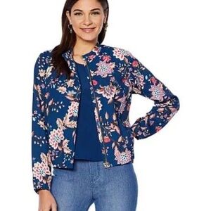 FINAL PRICE NWT DG2 Diane Gilman Women Blue w/multicolor Floral Print Full Zip